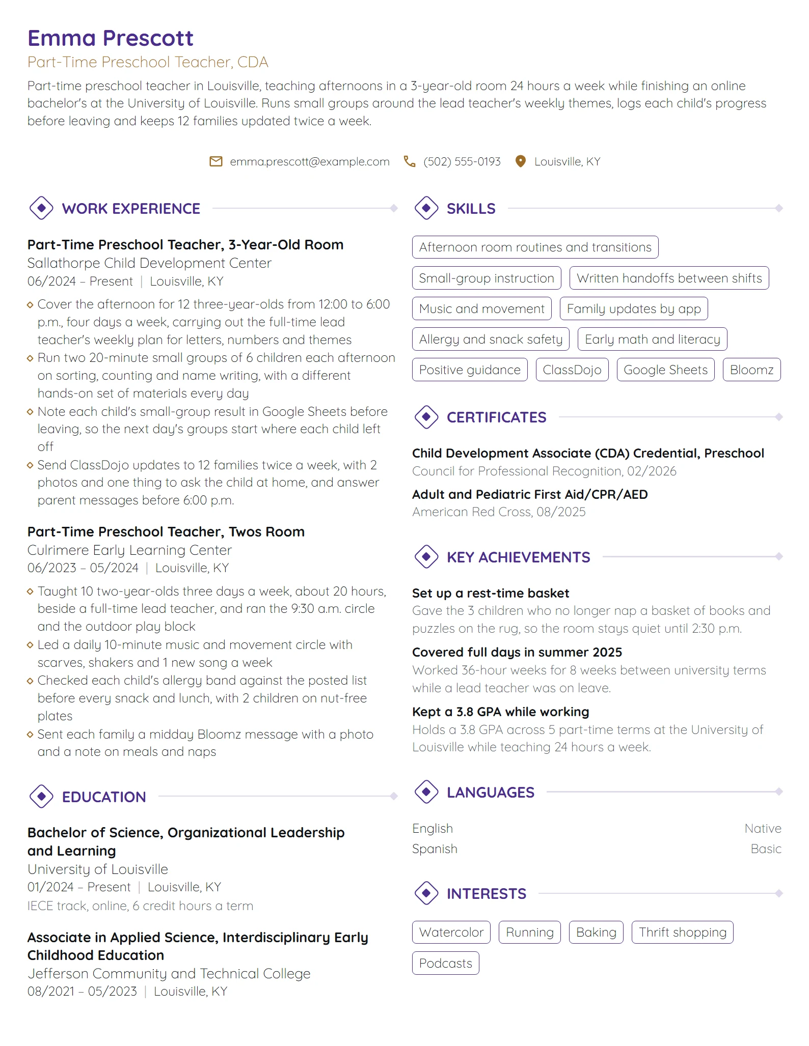 Part-Time Preschool Teacher resume example