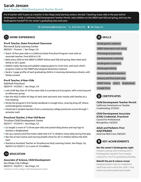 Pre-K Teacher resume example