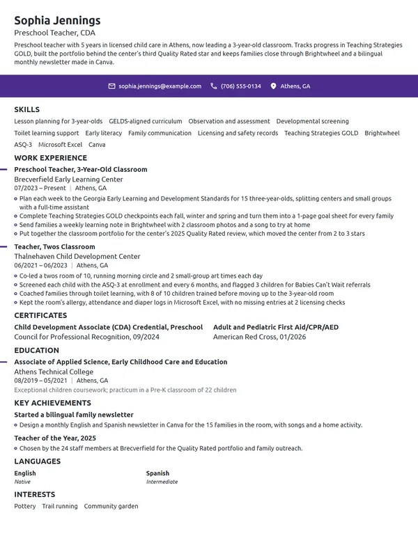 Preschool Teacher resume example