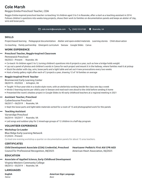 Reggio Emilia Preschool Teacher resume example
