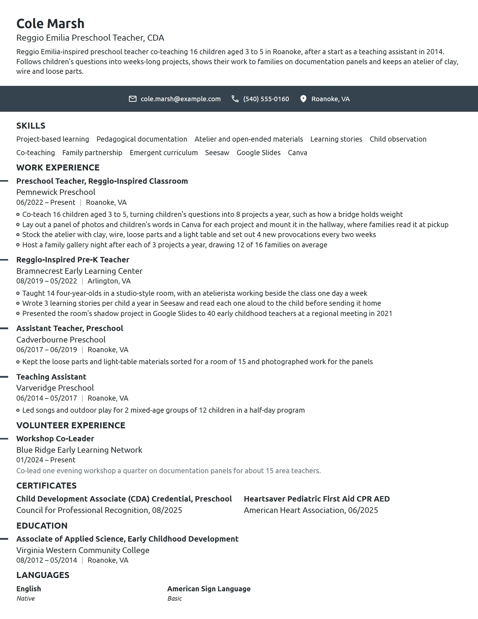 Reggio Emilia Preschool Teacher resume example