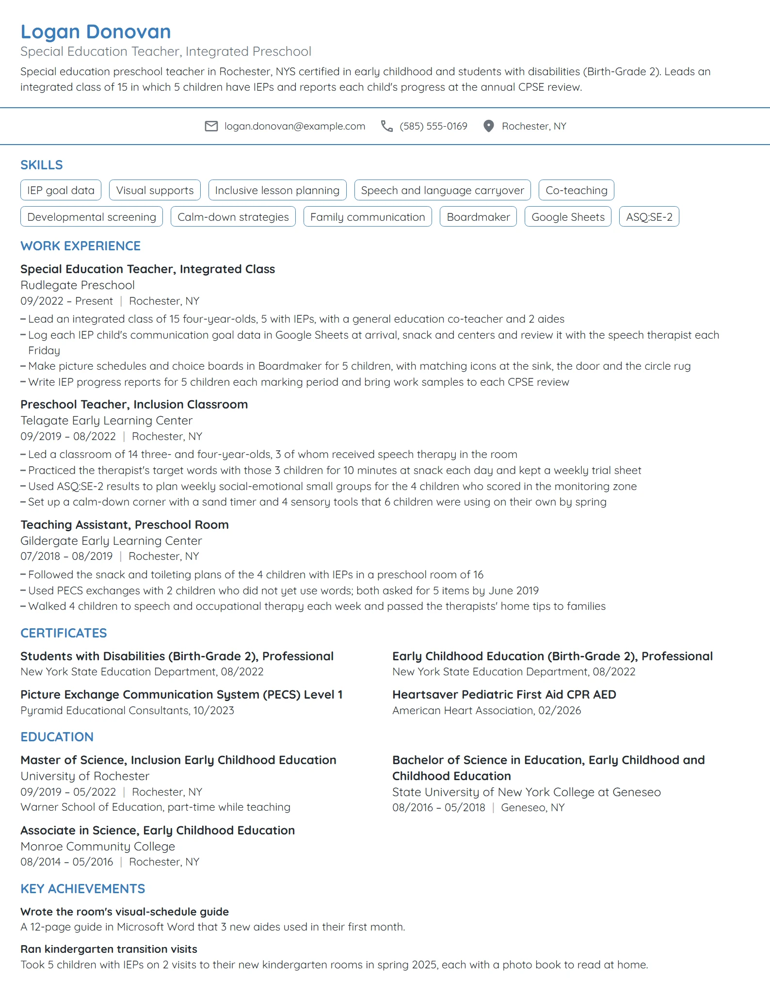 Special Education Preschool Teacher resume example