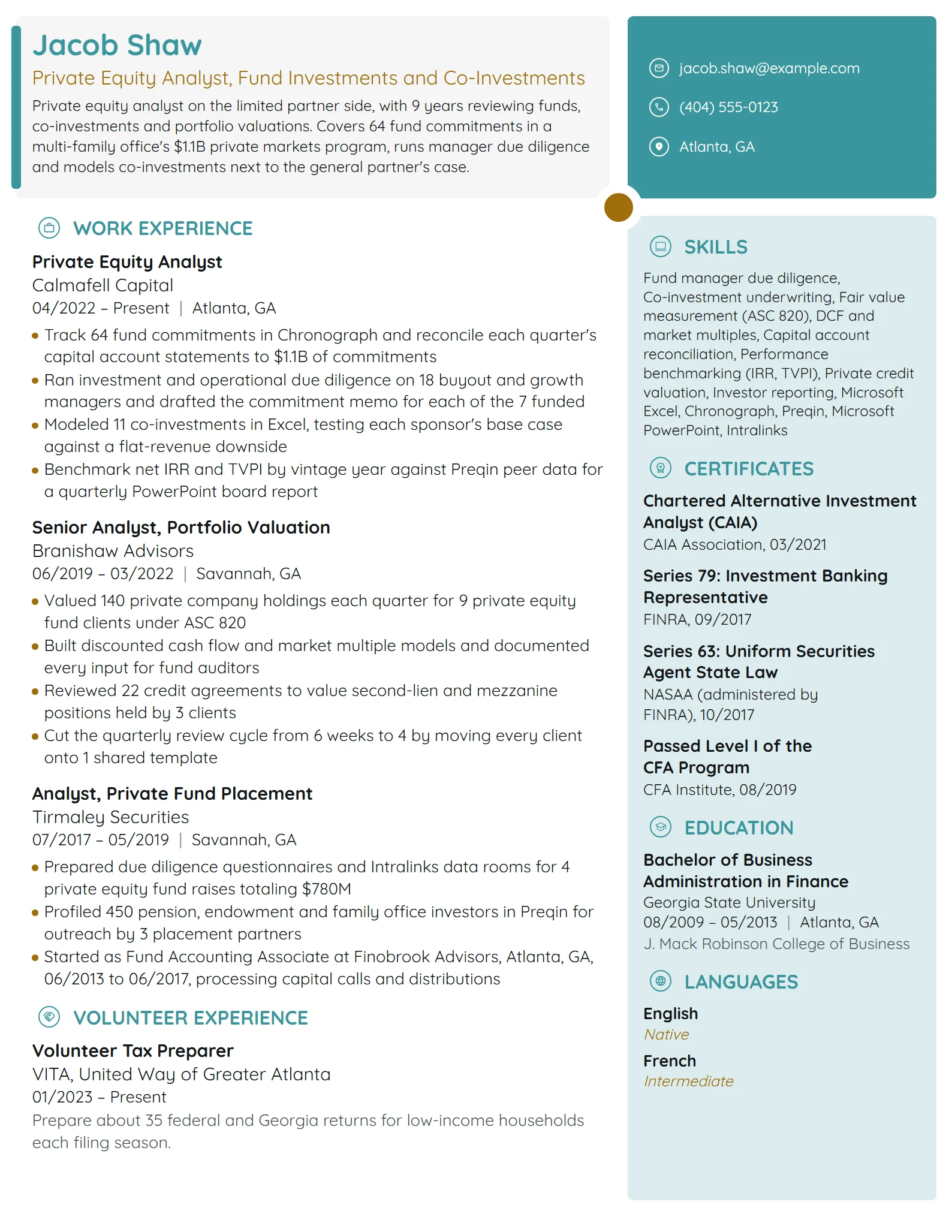 Private Equity Analyst resume example