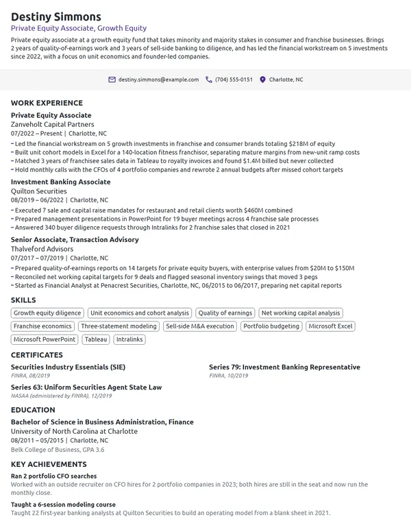 Private Equity Associate resume example