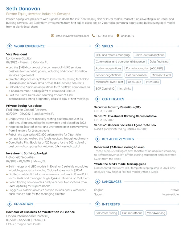 Private Equity resume example