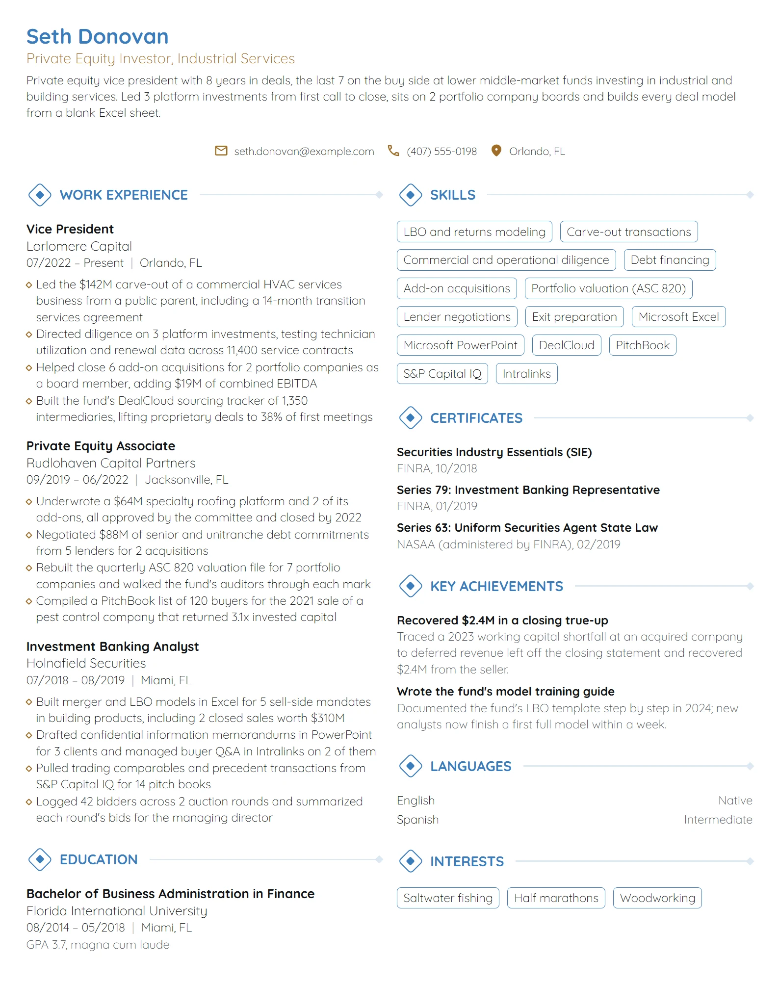 Private Equity resume example