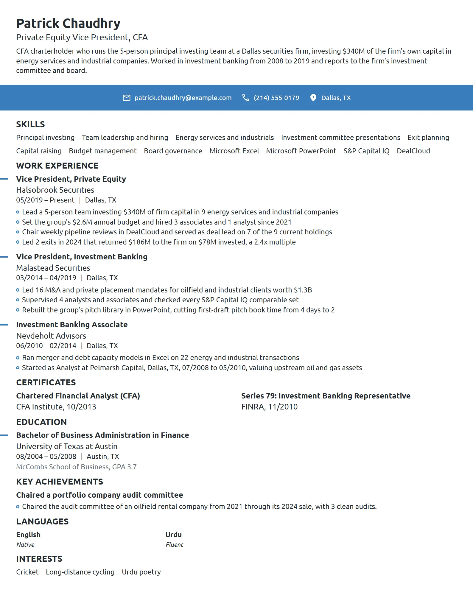 Private Equity Vice President resume example