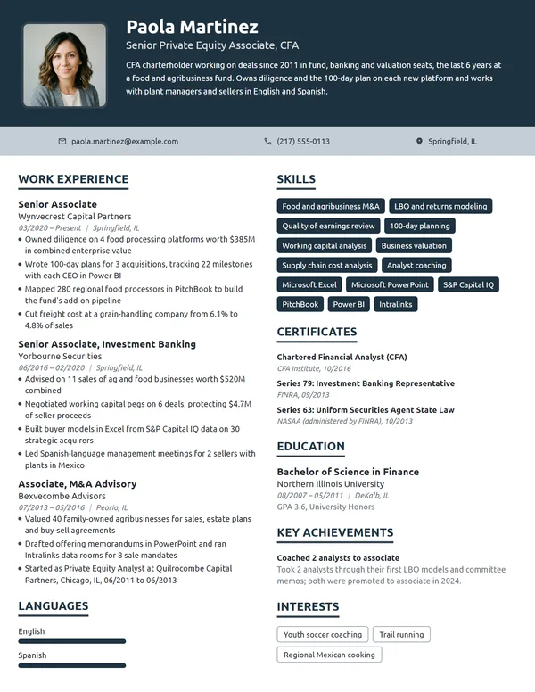 Senior Private Equity Associate resume example