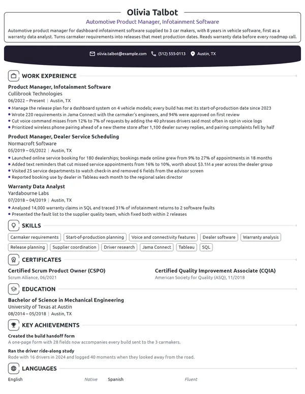 Automotive Product Manager resume example