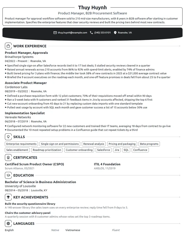 B2B Product Manager resume example