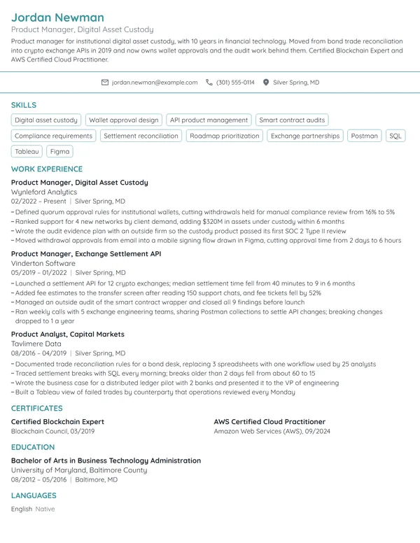 Blockchain Product Manager resume example