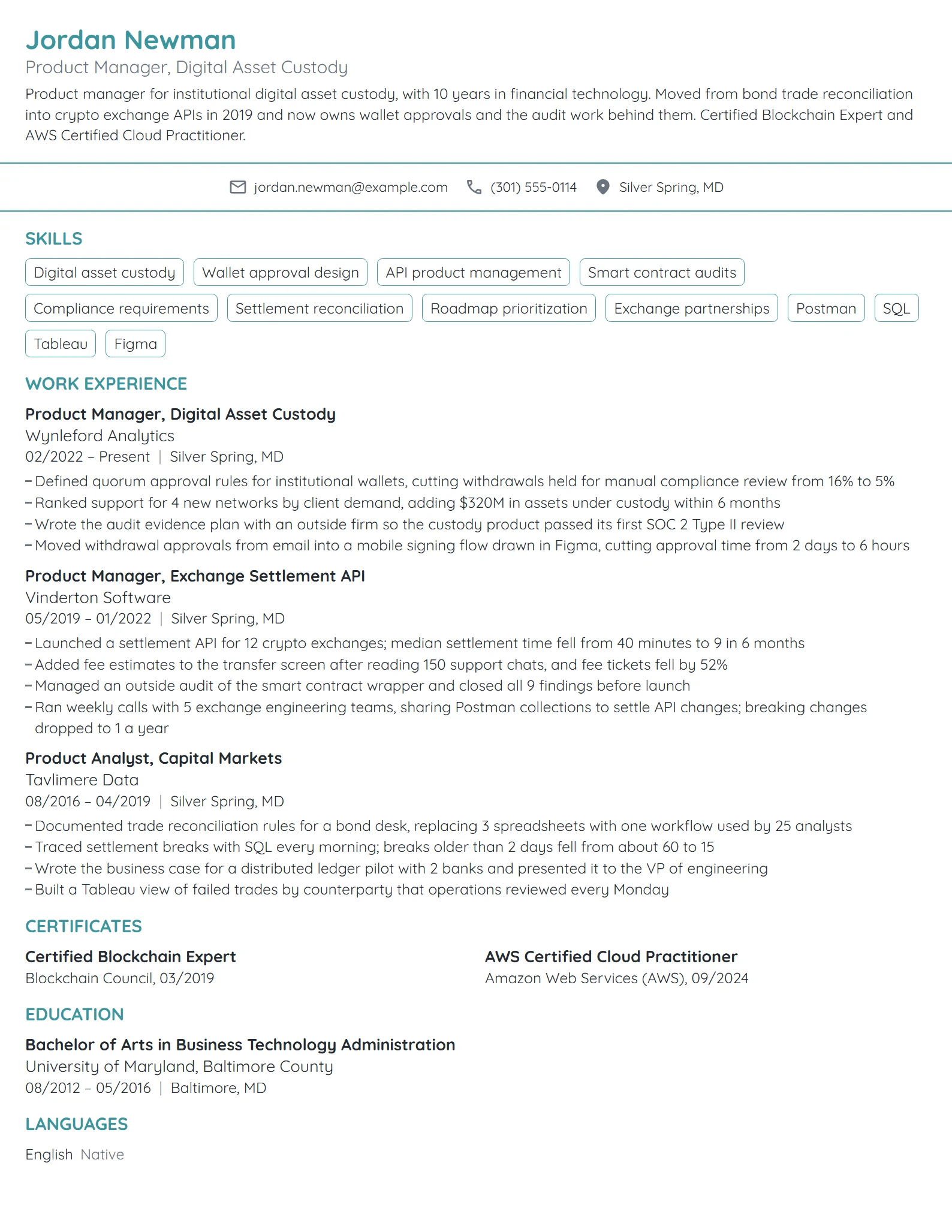 Blockchain Product Manager resume example