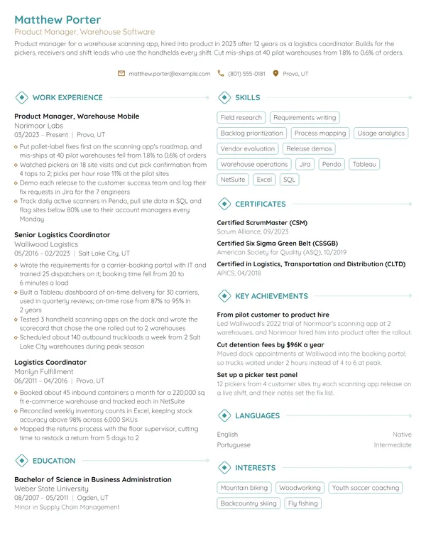 Career Change Product Manager resume example