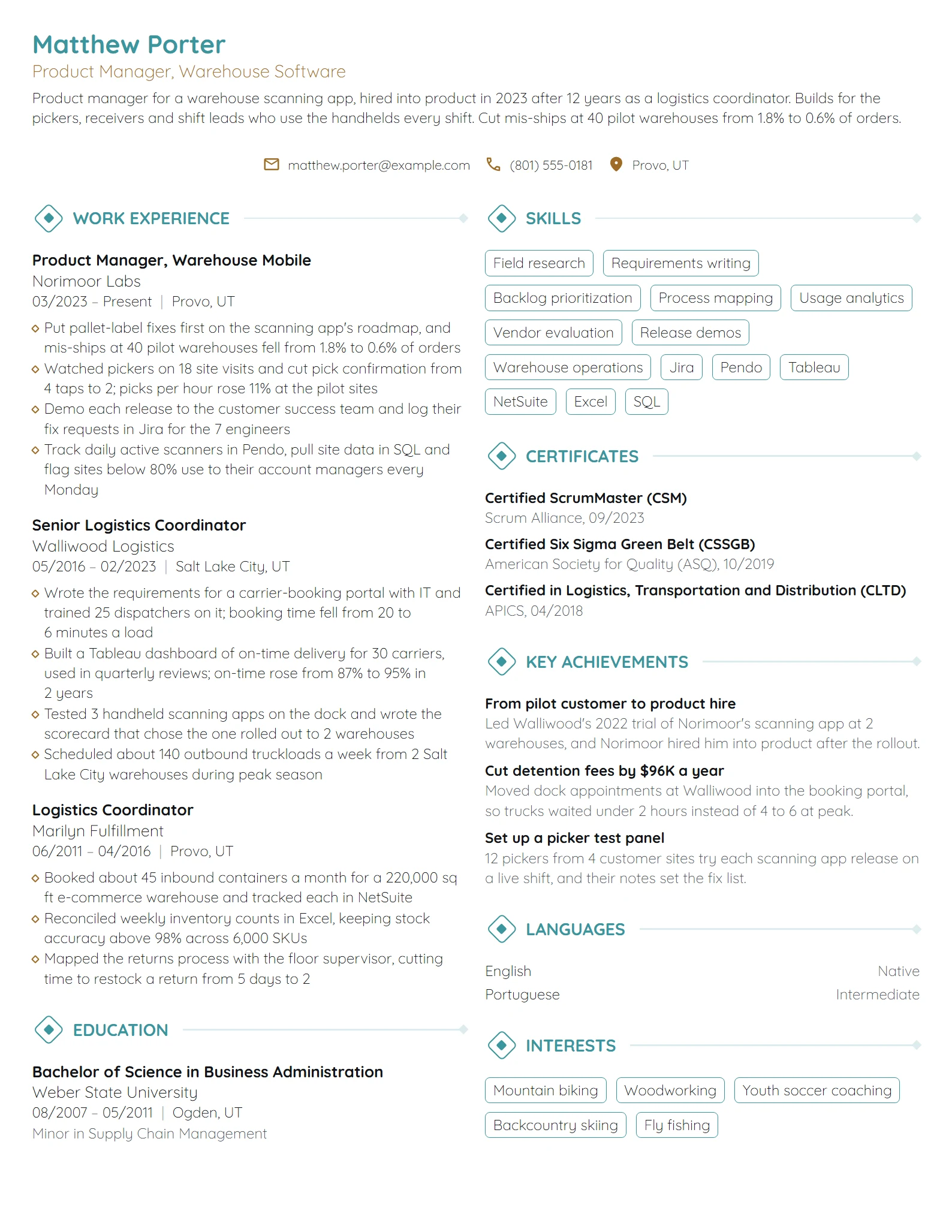 Career Change Product Manager resume example