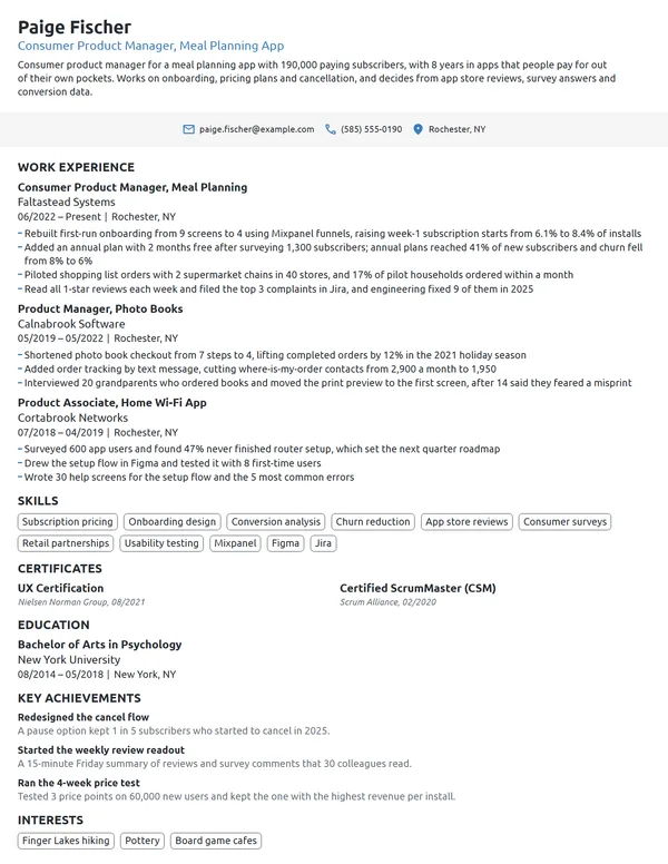 Consumer Product Manager resume example