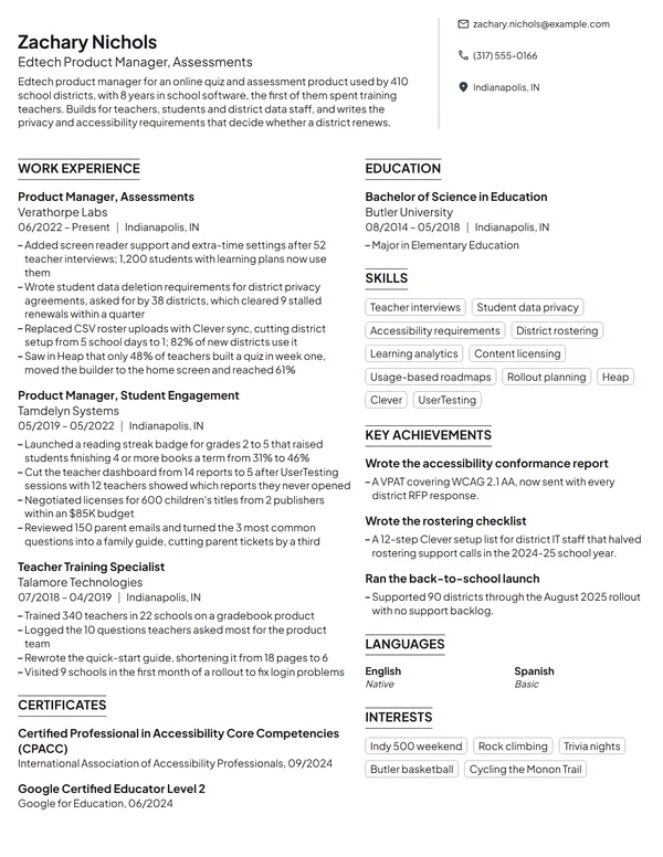 Edtech Product Manager resume example