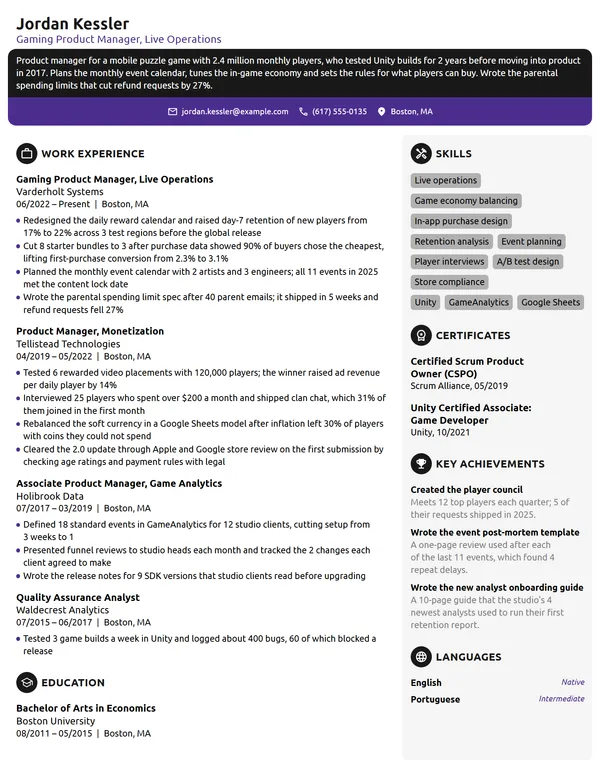 Gaming Product Manager resume example