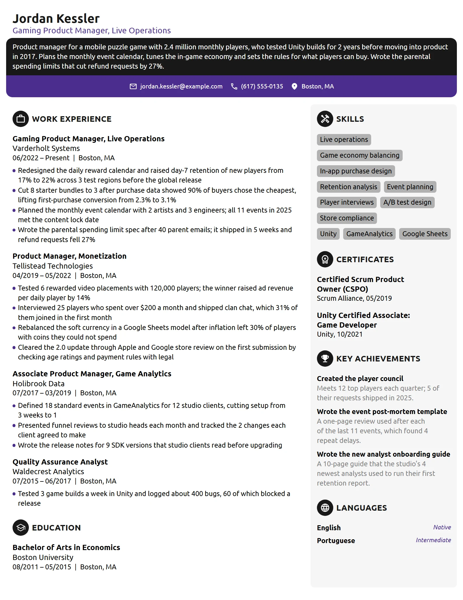 Gaming Product Manager resume example
