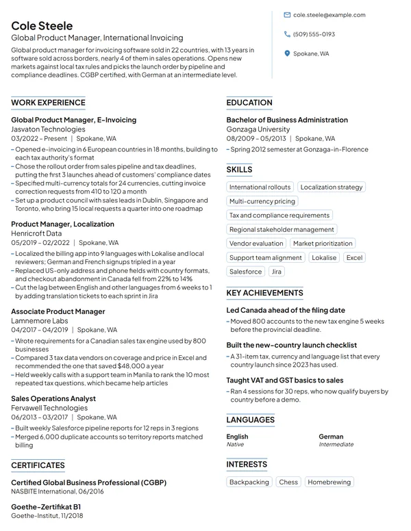 Global Product Manager resume example