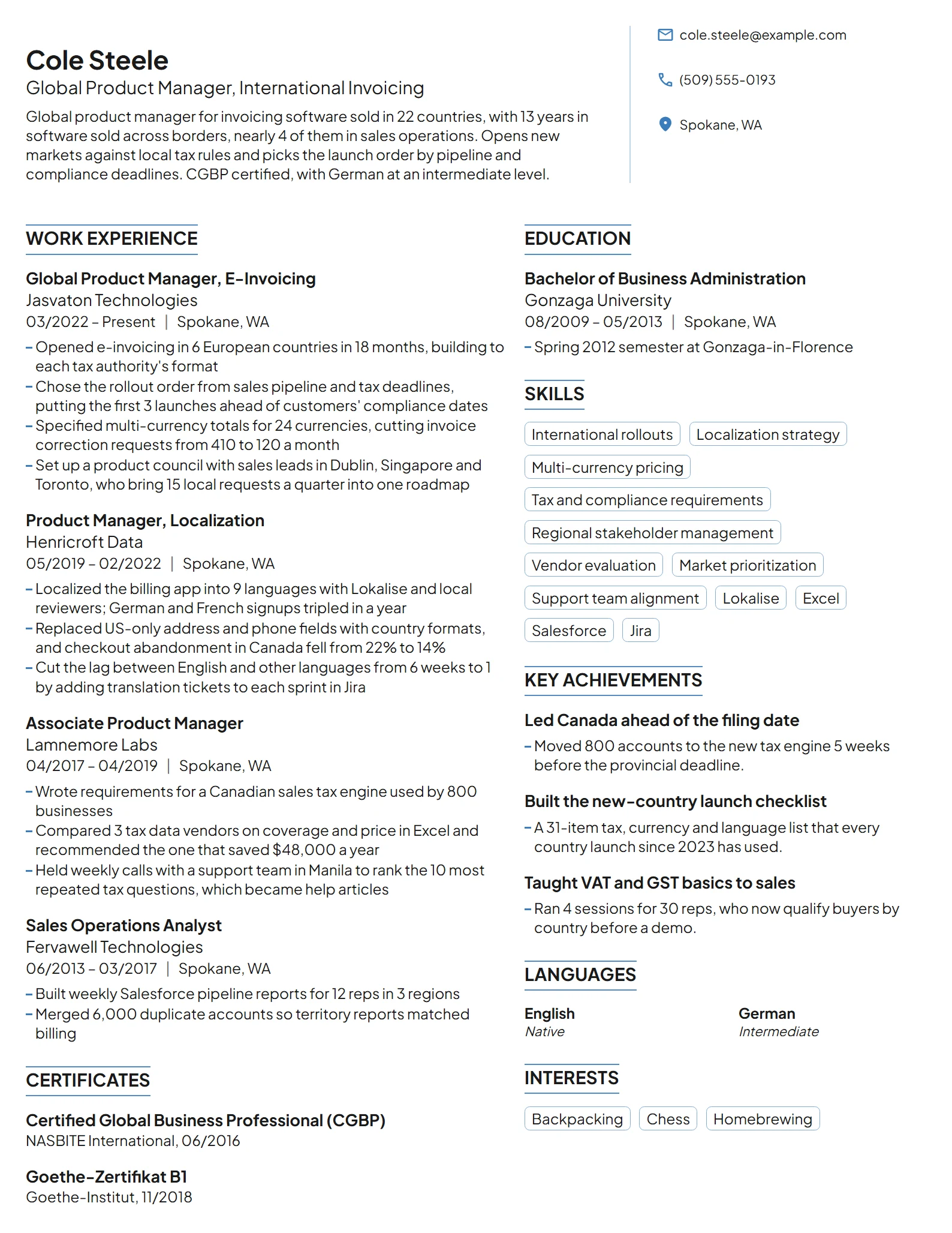 Global Product Manager resume example