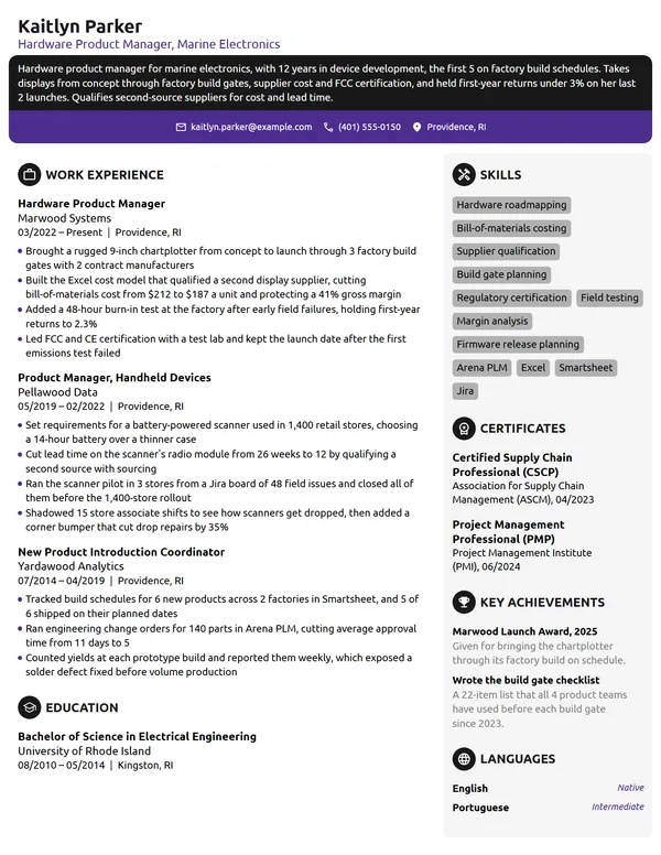 Hardware Product Manager resume example