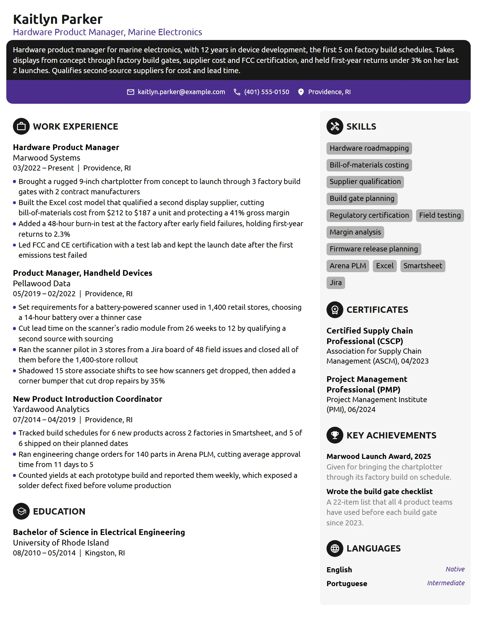 Hardware Product Manager resume example