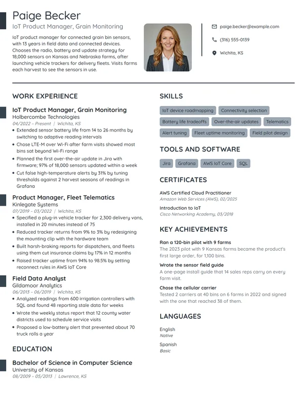 IoT Product Manager resume example