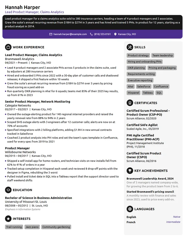 Lead Product Manager resume example