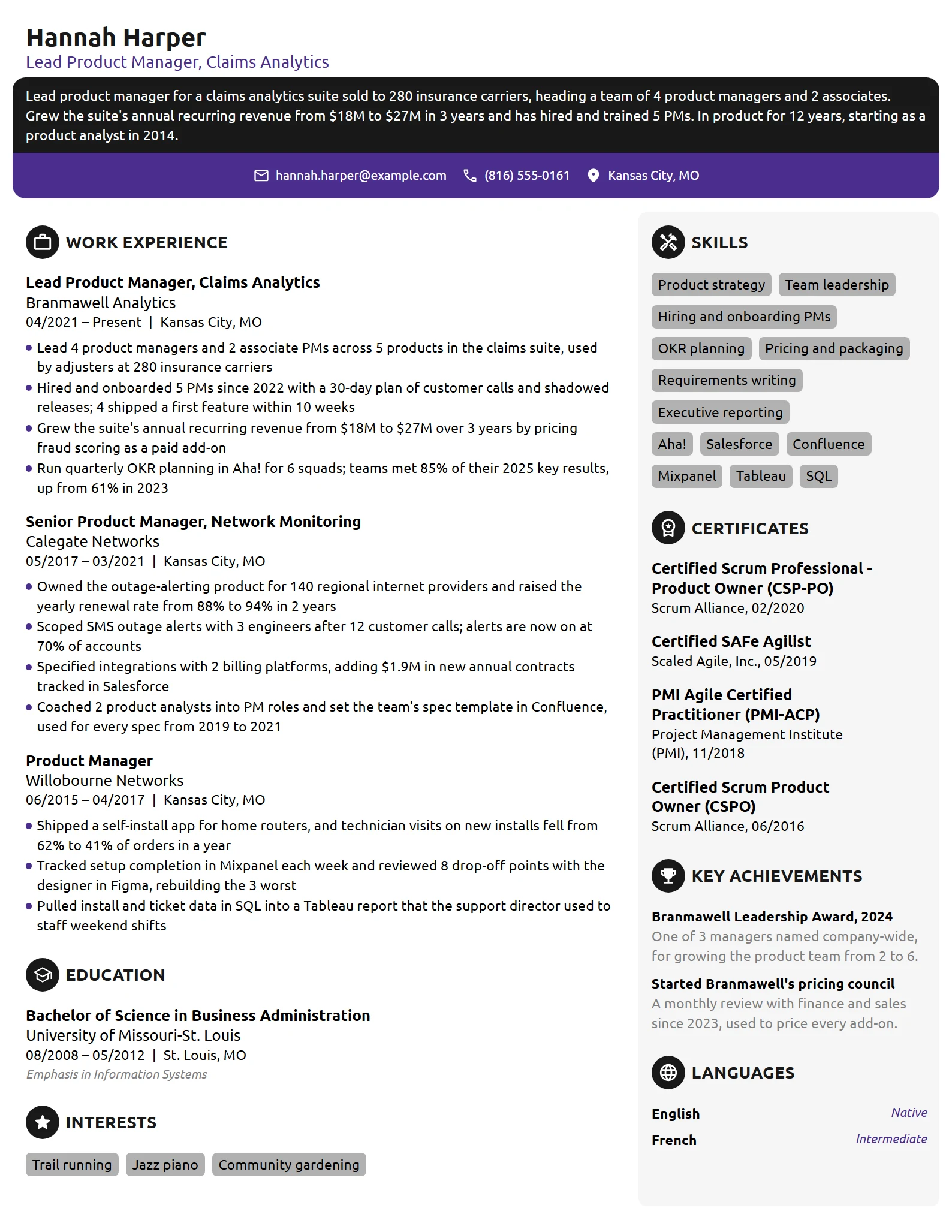Lead Product Manager resume example
