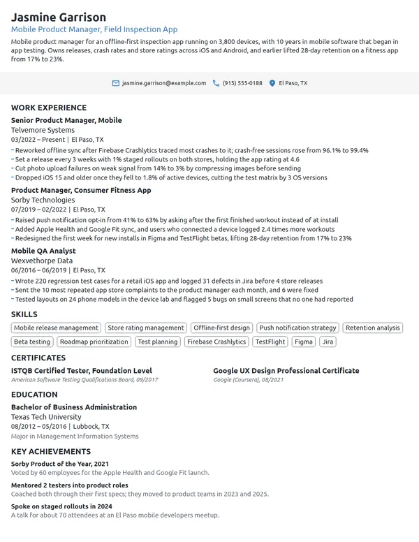 Mobile Product Manager resume example