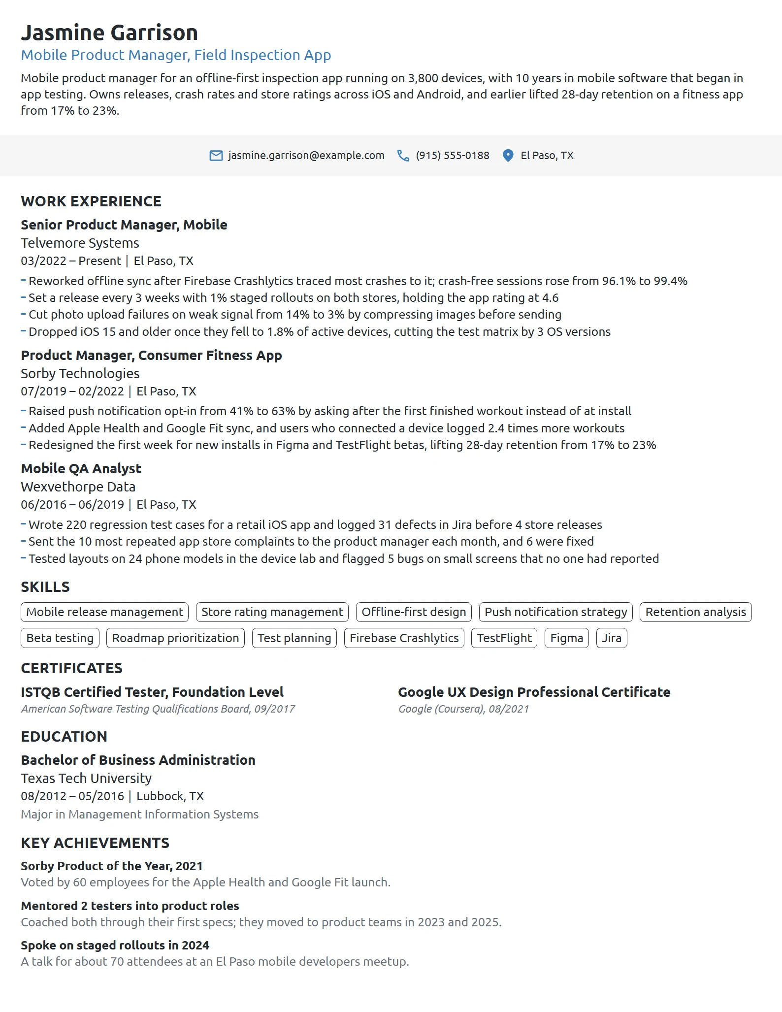 Mobile Product Manager resume example