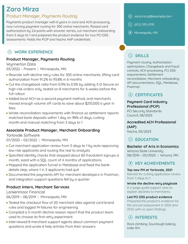 Payments Product Manager resume example