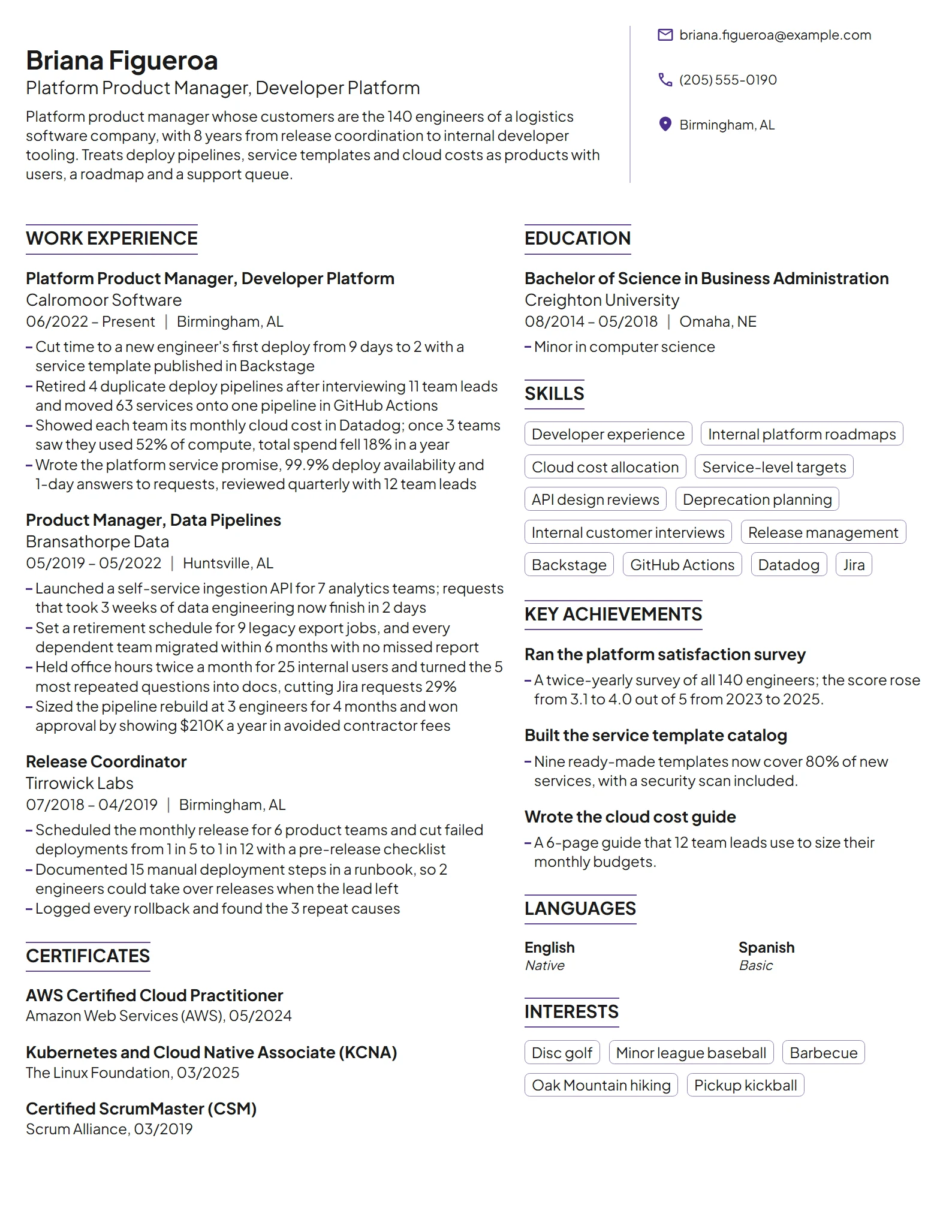 Platform Product Manager resume example