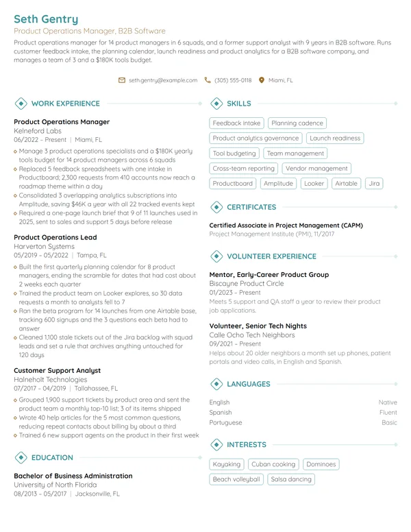 Product Operations Manager resume example