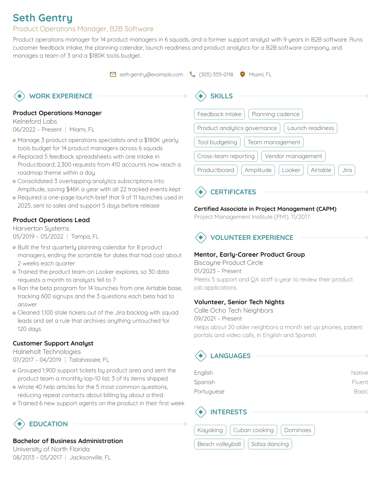Product Operations Manager resume example
