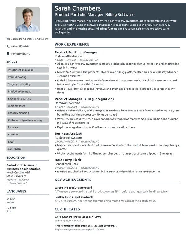 Product Portfolio Manager resume example