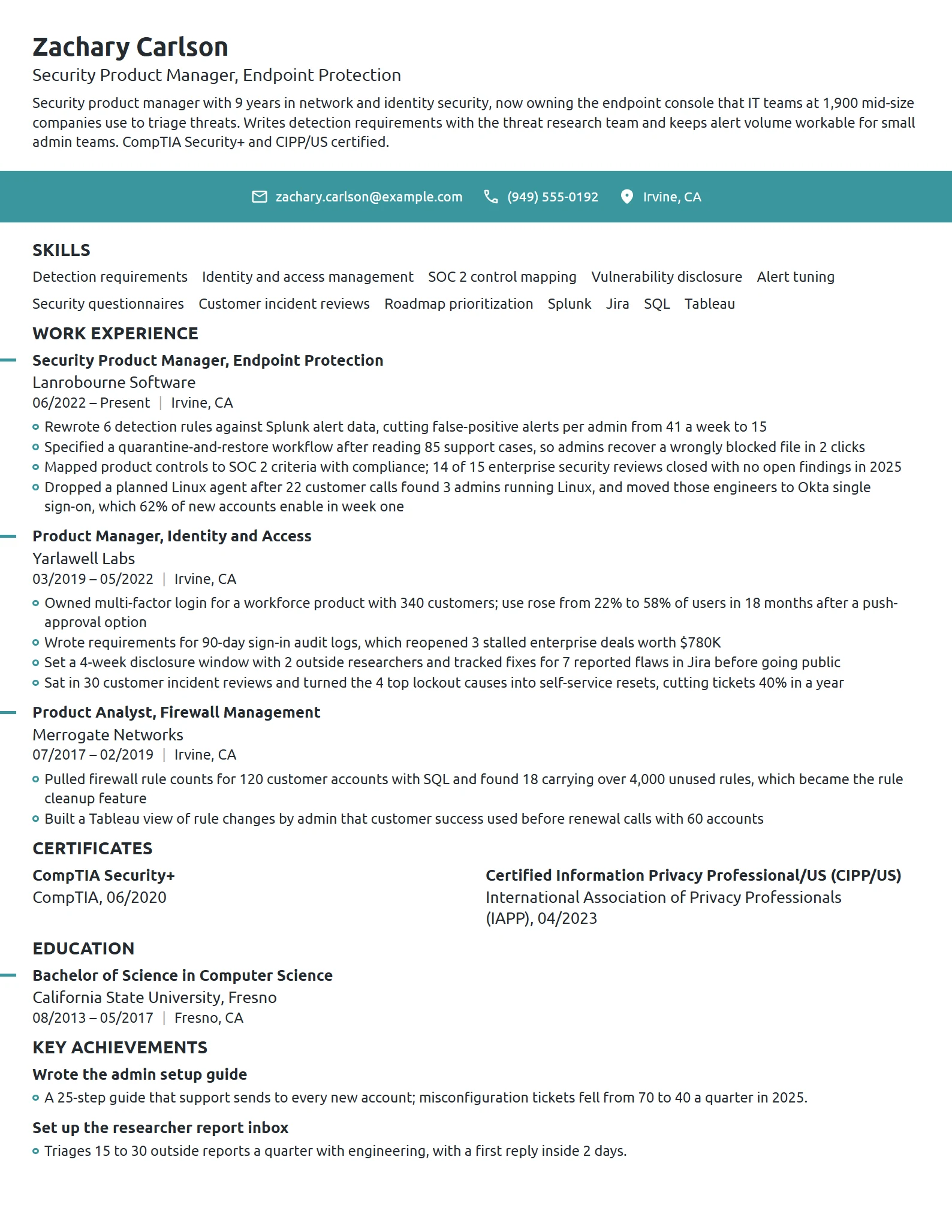 Security Product Manager resume example
