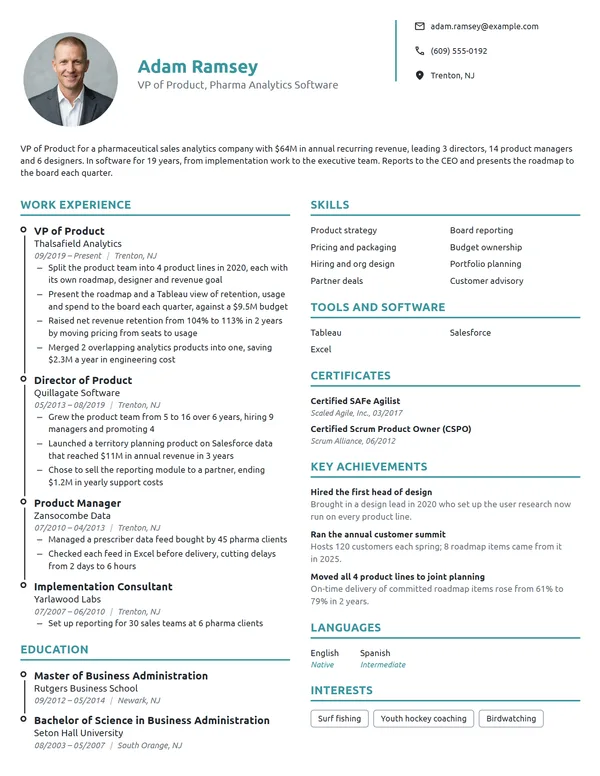VP of Product resume example