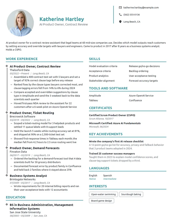 AI Product Owner resume example