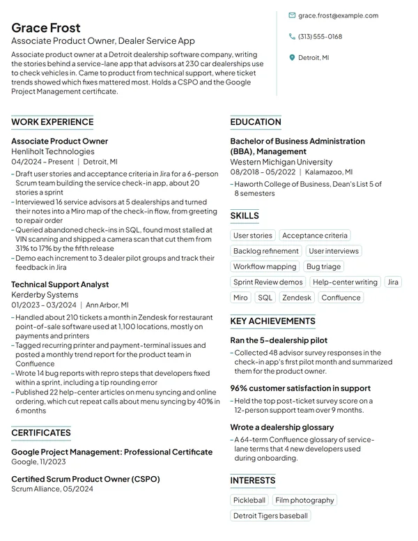 Associate Product Owner resume example