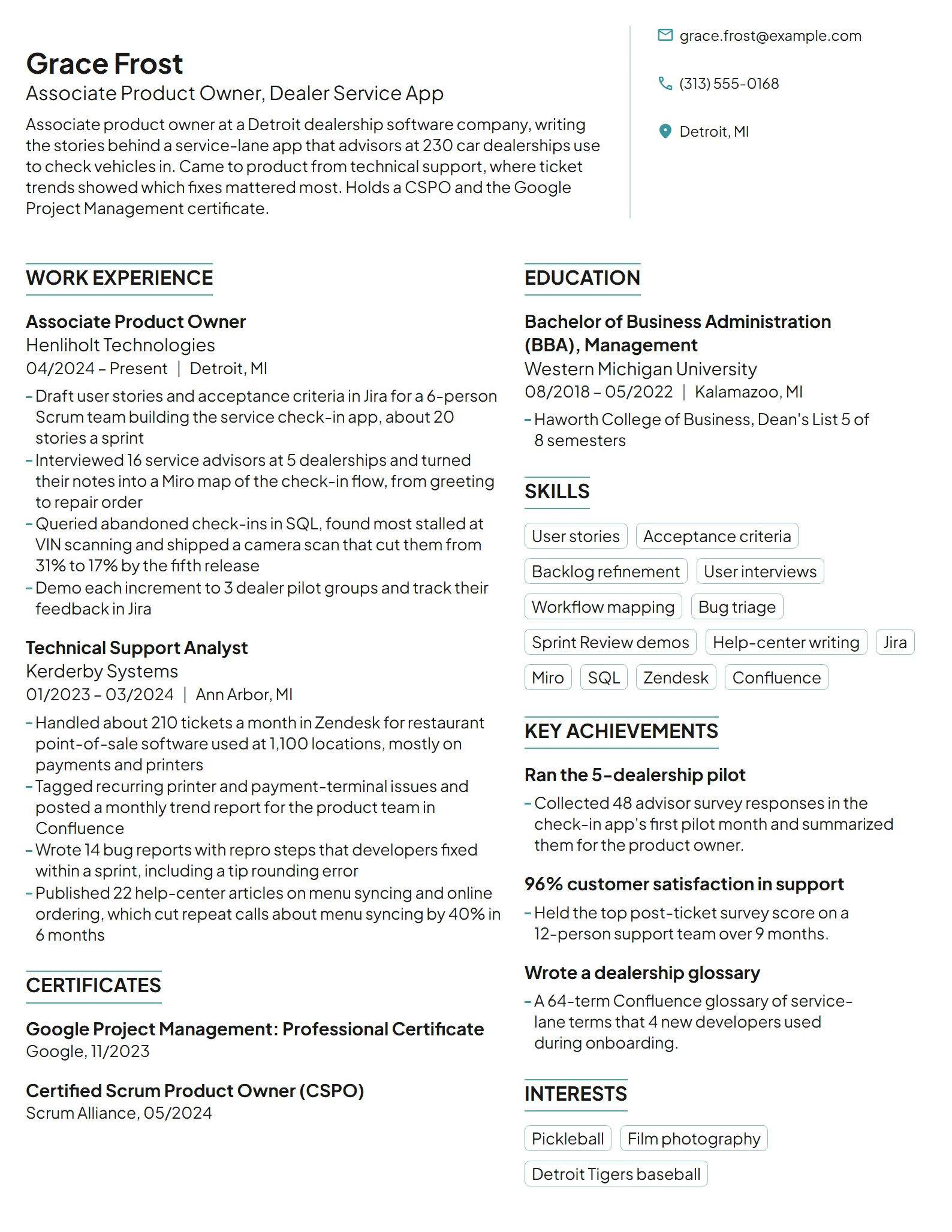 Associate Product Owner resume example