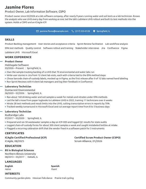 Career Change Product Owner resume example