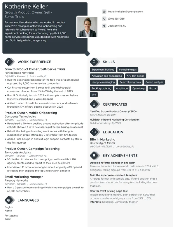 Growth Product Owner resume example