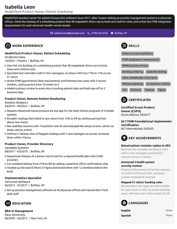 HealthTech Product Owner resume example