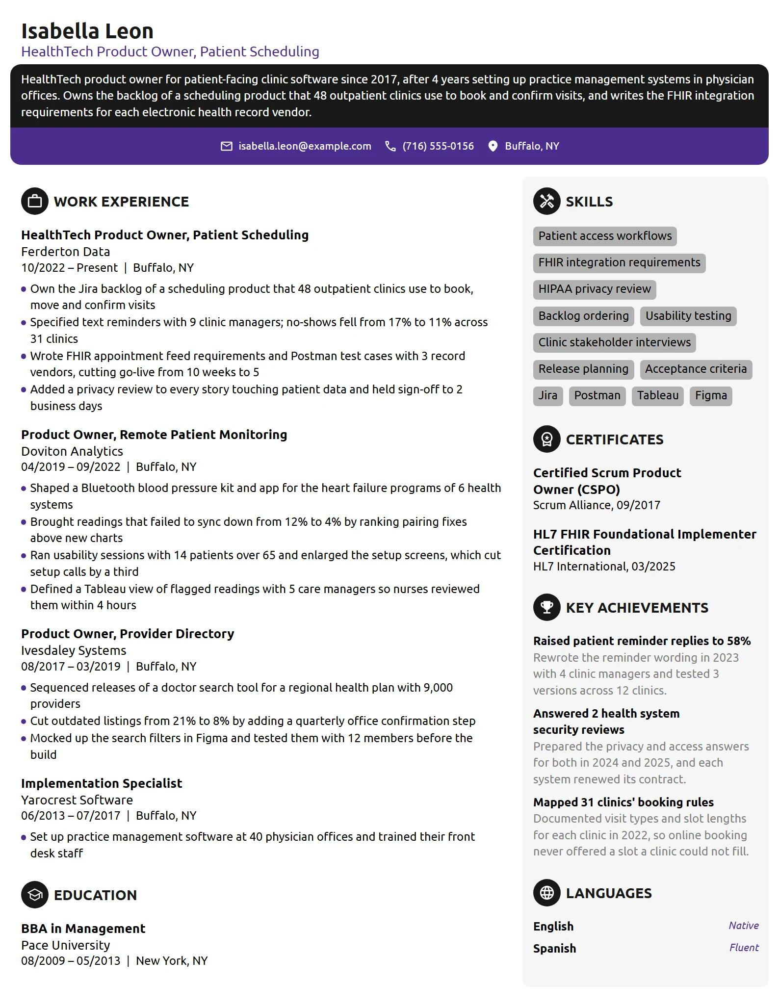 HealthTech Product Owner resume example