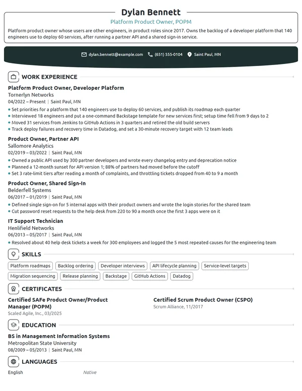 Platform Product Owner resume example