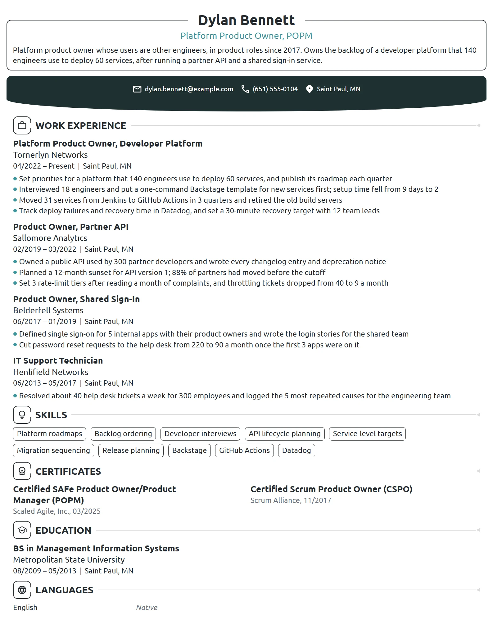 Platform Product Owner resume example