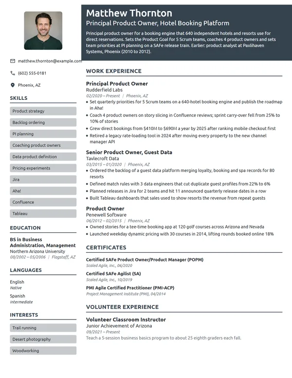 Principal Product Owner resume example