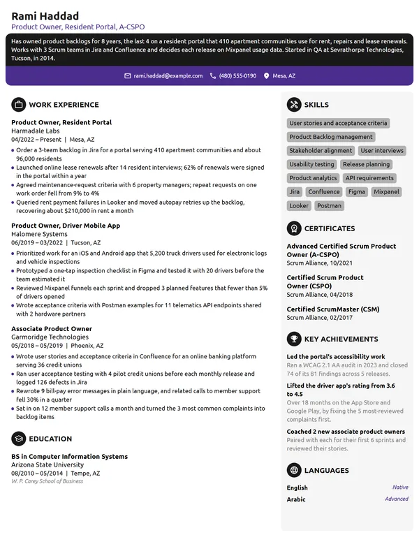 Product Owner resume example
