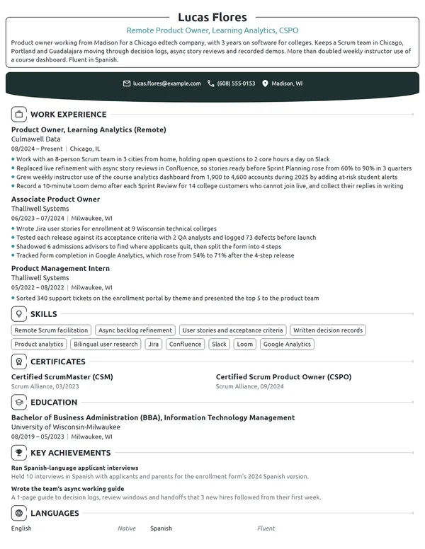 Remote Product Owner resume example